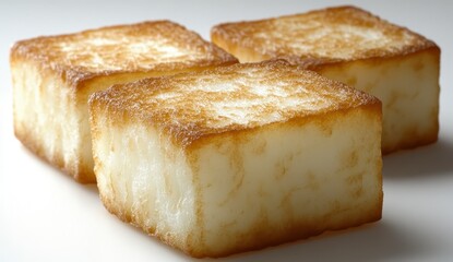 Three golden brown, square shaped food items, possibly baked goods or marshmallows, arranged on a bright white background. Their surfaces exhibit a