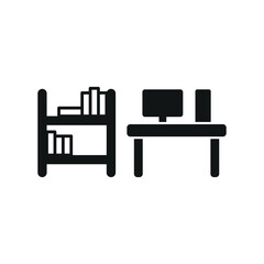 Fototapeta premium Desk and bookshelf set icon featuring a clean and professional style, ideal for education, library, and home office visuals.