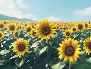 Obraz premium Bright sunflower field under a clear blue summer sky