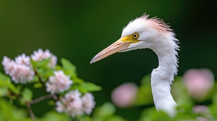 Fototapeta premium Cattle egret bird in breeding plumage stands amidst pink spring blossoms and green foliage.