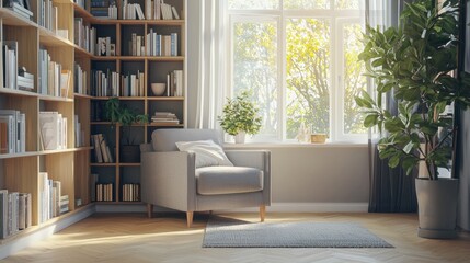Cozy Reading Nook with Natural Light and Indoor Plants in Modern Room