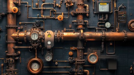 A complex arrangement of copper pipes and gauges, illustrating industrial machinery.