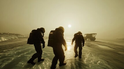 Three astronauts walk on a frozen alien planet towards a vehicle at sunset.