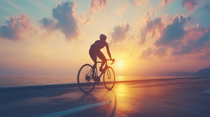Fototapeta premium Cyclist silhouetted against a vibrant sunset, riding along a coastal road.