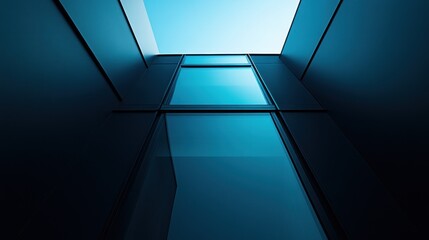 Fototapeta premium Low-angle view of modern building facade with glass windows and blue sky visible through an opening above.