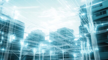 Futuristic cityscape with interconnected buildings and glowing lines, showcasing advanced technology