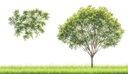 Obraz premium Two trees and grass on a white background. A smaller tree is to the left of a larger, fuller tree. The grass is at the bottom of the image