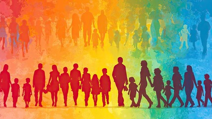 Diverse family silhouettes walking, colorful background, community unity, website banner