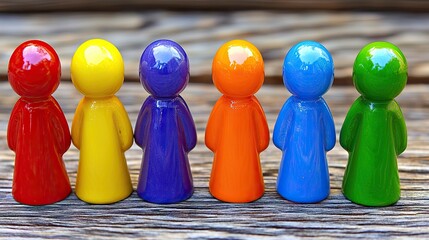 Colorful figures stand on wood; diversity concept; team unity; background blurred
