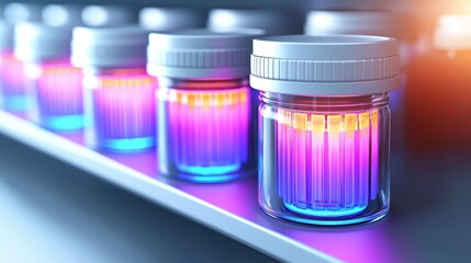 Illuminated Jars on Shelf Glowing Vibrant Colors Technology Science Lab Research