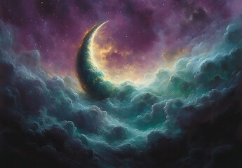 Fototapeta premium Vibrant Painting of a Crescent Moon Surrounded by Purple Clouds and a Starry Sky
