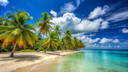 Obraz premium Serene Coastal Paradise Lush Palm Trees Lining a Pristine White Sand Beach with Tranquil Turquoise Waters Under a Vivid Blue Sky