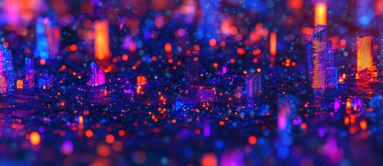 Obraz premium Abstract cityscape at night, glowing with vibrant orange, purple, and blue lights. Bokeh effect creates a dreamy, futuristic atmosphere. Dark