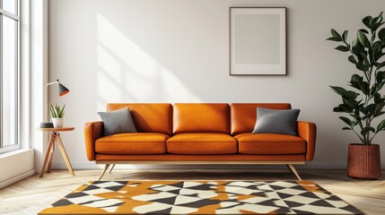 Modern living room with orange sofa and stylish decor in sunlight