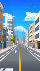 Sunny city street, buildings, road, urban, background, game asset