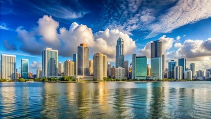 Fototapeta premium A Vibrant Metropolis Skyline Reflected in Tranquil Waters Under a Dramatic Sky