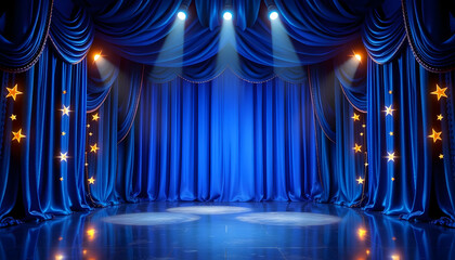 Theater stage, blue velvet curtains, dramatic lighting, spotlights, empty stage, wooden floor, performance space, theatrical ambiance, gold tassels, elegant drapes, mystical atmosphere, anticipation, 