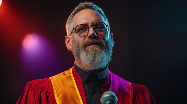 A gay pastor in a red and gold robe stands at a microphone in an Evangelical Lutheran or Episcopal church, delivering a powerful sermon under dramatic lighting, exuding confidence and inclusivity.