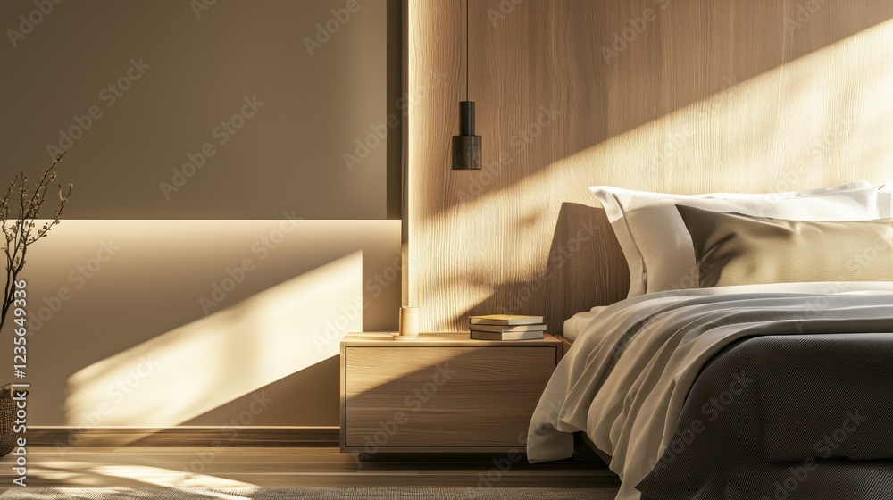 Wall mural Modern Minimalist Bedroom Interior with Natural Light and Wood Elements