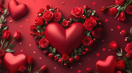 Red gradient valentine's day background design with detailed and realistic elements such as love shapes is designed for the background