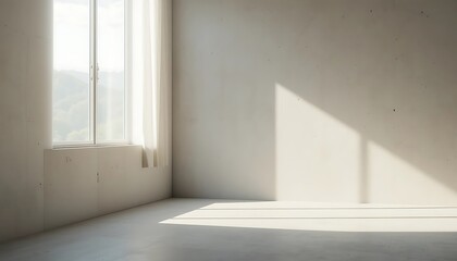 Fototapeta premium Sunlit Empty Room With White Walls And Window