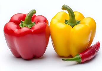 Vibrant red and yellow bell peppers and a small red chili pepper are set against a bright white background. Close up studio shot