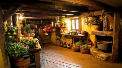Rustic Cottage Kitchen Herbs Plants Interior Cozy