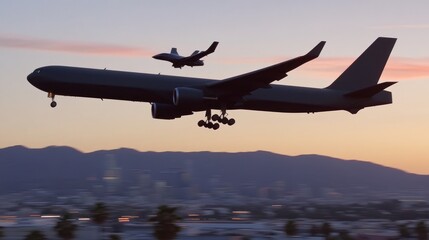 Naklejka premium Large passenger jet and small private jet flying over city at sunset.