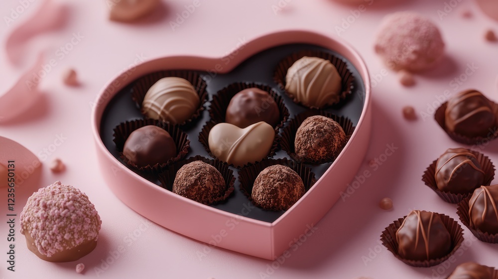 Poster a beautiful heart-shaped box of chocolates, filled with truffles and pralines, set against a soft pi