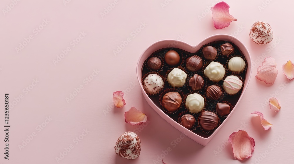 Poster a beautiful heart-shaped box of chocolates, filled with truffles and pralines, set against a soft pi