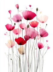 Watercolor painting of pink and red poppies on a white background. Delicate stems and buds create a soft, romantic atmosphere. Floral illustration