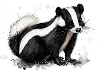 Obraz premium Black and white skunk illustration with watercolor texture, sitting on a neutral background. The skunk's distinctive stripes are clearly visible, and