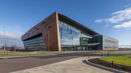 Obraz premium Modern glass and wood office building exterior on sunny day.