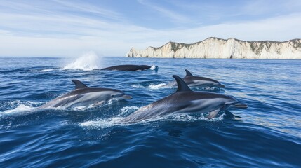 Naklejka premium Dolphins swimming in ocean near cliffs.
