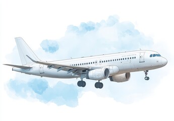 Obraz premium White passenger airplane in flight above light blue watercolor clouds. Airplane is depicted in a soft, painterly style. Image evokes a sense of