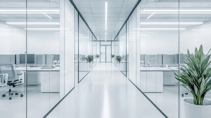Modern office hallway, glass walls, workstations, plant, bright