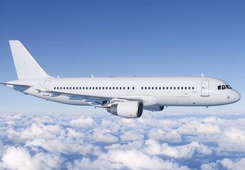 Fototapeta premium White passenger airplane in flight above a fluffy cloud layer under a clear blue sky. The aircraft is shown in profile view, showcasing its design