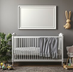 White crib with gray blanket, large white frame mockup, gray walls, wooden rabbit toy, and green plant in a child's room. Dark rug and colorful toy