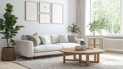 Modern Minimalist Living Room with Bright Natural Light and Plants