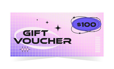 Gift voucher template in retro y2k futuristic style. Sale, promotion, discount, coupon, certificate. Vector illustration for fashion, cosmetics, electronics, art
