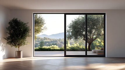 Fototapeta premium Interior Room with Sliding Glass Door and Outdoor Patio View