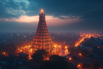 Illuminated pagoda, twilight city, Southeast Asia, night scene, travel