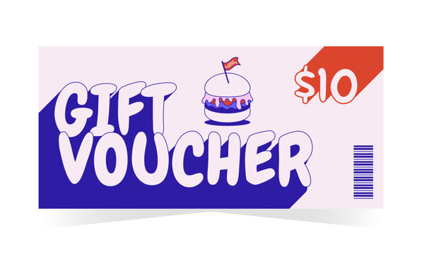 Gift voucher template in retro groovy style. Sale, promotion, discount, coupon, certificate. Vector illustration for burger bar, cafe, restaurant, retail, dining