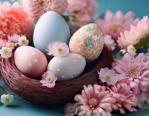Fototapeta premium 花に囲まれたイースターエッグ