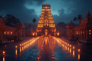 Illuminated temple at night, India, candles, spiritual