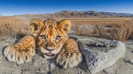 Obraz premium Playful lion cub peeking from rocks in arid landscape.