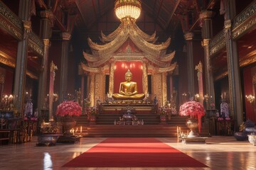 Fototapeta premium Golden Buddha statue in ornate Thai temple interior.