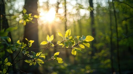 Obraz premium Sunlight Filtering Through Leaves in a Tranquil Forest Setting