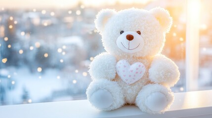 Fluffy white teddy bear holding a heart, sitting on a windowsill with a snowy winter background.