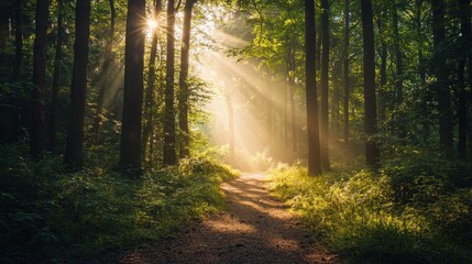 Fototapeta premium Serene Forest Path with Sunlight Streaming Through Trees